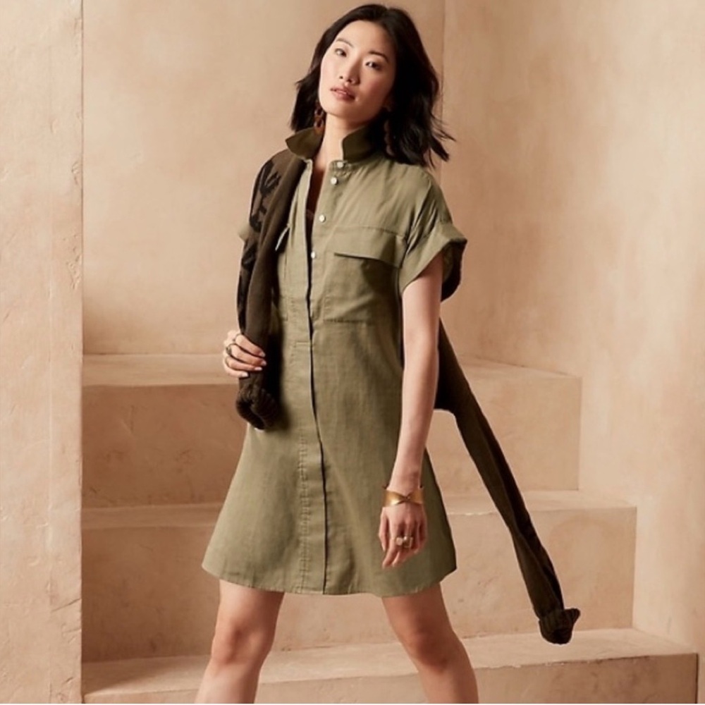 Banana Republic Short Sleeve Cotton Utility Shirtdress, Tate Olive Green, large